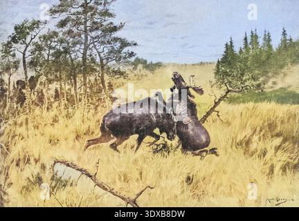 Intense illustration capturing two powerful bull moose engaging in a fierce battle, locking antlers in a grassy field with a forest background, symbolizing raw nature and wildlife conflict from The sports of the world, with illustrations from drawings and photographs by Aflalo, Frederick G. (Frederick George), 1870-1918 Publication date 1905 Stock Photo