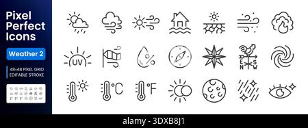 Weather climate line icon set. Sun shower, flood, hurricane, thermometer, uv index, drought minimal vector illustrations. Simple outline forecast Stock Vector