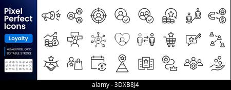 Loyalty marketing line icon set. Referral, cashback, target audience, partnership vector illustrations. Simple outline signs for customer retention Stock Vector