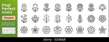 Flowers line icon set. Rose, tulip, sunflower, lotus, chamomile, lavender minimal vector illustrations. Simple outline signs for floral design. 48x48 Stock Vector