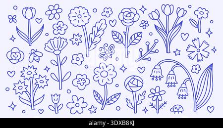 Flower doodle set with hand drawn floral line art, spring garden botanical elements, tulip, rose, daisy, lily of the valley, butterfly, bee, ladybug Stock Vector
