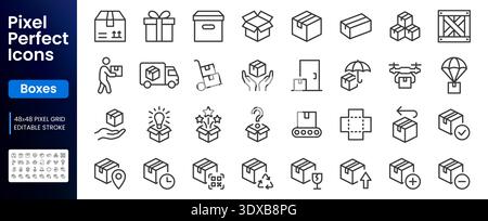 Boxes line icon set. Package, delivery, warehouse, truck, freight location tracking minimal vector illustrations. Simple outline signs for logistics Stock Vector