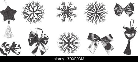 Halftone photocopy vintage Christmas bow, balls, star. Ribbon and snowflakes collage effect. Dotted stippling black grunge xmas festive elements. Vect Stock Vector