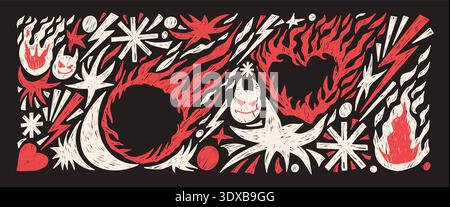 Handmade brush fire punk rock doodles. Crayon grunge texture flames frame text boxes set. Doodle fireball and burned heart icons. Crayon stickers coll Stock Vector