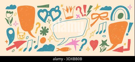 Speech bubble message and crayon quote frames inspired by doodles and childish art. Scribbled text boxes, clouds, marks drawn by pencil or chalk. Vect Stock Vector