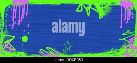 Grunge neon blue poster frame with vibrant ink splashes, rough urban textures. Modern handmade school graffiti banner with bold colors and street art Stock Vector