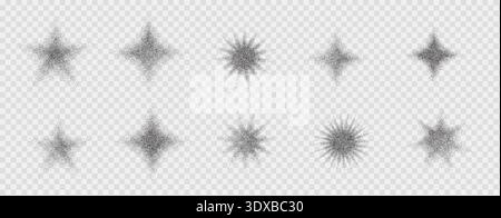Starburst graphic featuring gradient spray effects. Dotted halftone grainy noise twinkles. Stipple spark and shimmering elements. Vector dotworks grit Stock Vector