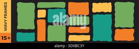 Wavy kids rectangle shape frame with organic irregular edge. Colorful handmade doodle block. Vector curvy square border on background as transparent p Stock Vector