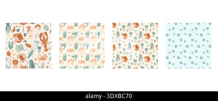 Cute coastal seamless patterns collection. Aop illustrations featuring lobster, shells, sea creatures. Vector seamless summer pattern for beach vintag Stock Vector
