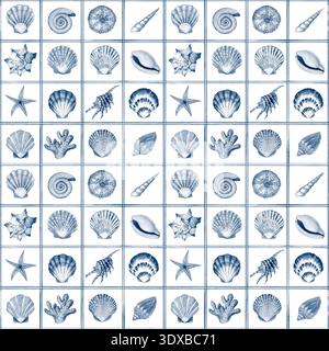 Seamless watercolor seashell pattern in a smaller repeating tile layout. Blue coastal design inspired by traditional ceramic motifs and Mediterranean Stock Photo
