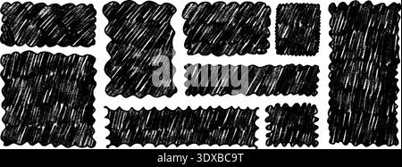 Wavy scalloped charcoal rectangles. Geometric frames with playful wiggle edges, perfect for decorative designs with retro flair and hand-drawn charm. Stock Vector