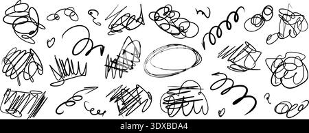 Hand-drawn messy black pen abstract doodles. Scribbles, naive expressive scratches set. Text highlight lines, circles, spontaneously underlines and sc Stock Vector