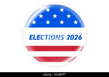 Realistic round vote badge with American flag. USA election voting sticker for 2026 midterm election. Responsible voting symbol, vector illustration. Stock Vector