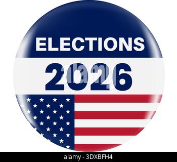 Realistic round vote badge with American flag. USA election voting sticker for 2026 midterm election. Responsible voting symbol, vector illustration. Stock Vector
