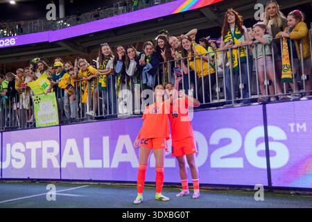 LEAH BRADLEY and NINA MEOLLO of the Philippines take selfies with fans at Perth Stadium after the AFC Women's Asian Cup Australia 2026 match between A Stock Photo