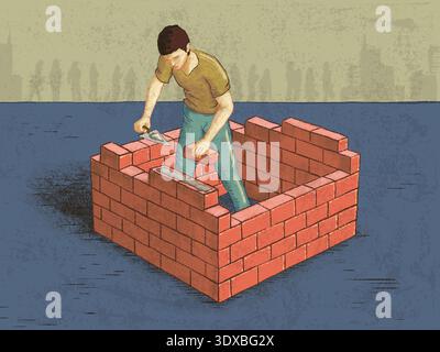 Man isolating himself from the outside world by building a brick wall. Digital illustration. Stock Photo