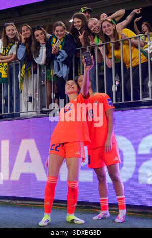 LEAH BRADLEY and NINA MEOLLO of the Philippines take selfies with fans at Perth Stadium after the AFC Women's Asian Cup Australia 2026 match between A Stock Photo