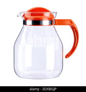 Glass jug with lid and handle in orange, set against white Stock Photo
