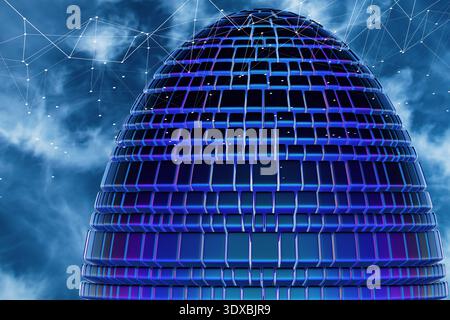 A glowing blue digital dome structure illuminated at night with a cloudy sky backdrop. 3d rendering Stock Photo