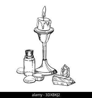 monochrome vector witchcraft, magic equipment, magic crystals, candle in candlestick, stones, glass bottle, black and white illustration of mystic the Stock Vector