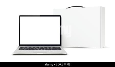Laptop computer and white carton box with handle mockup isolated on white background. Vector illustration Stock Vector