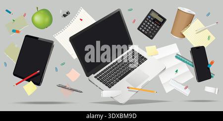 Laptop computer, smartphone, tablet and office supplies while levitating in the air on grey background. Vector illustration. Stock Vector
