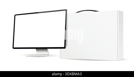 Computer and white carton box with handle mockup isolated on white background. Vector illustration Stock Vector