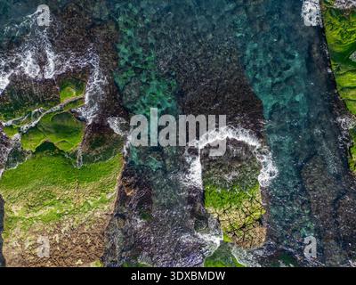 Aerial view of emerald algae-covered rocks meet the turquoise sea, creating a mesmerizing mosaic of natural beauty, Aquaculture, New Taipei City, Taiw Stock Photo