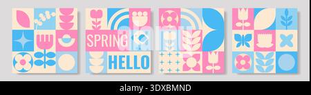 Geometric square abstract spring colorful cards. Flat vector background in retro style Stock Vector