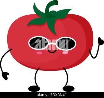 Vector illustration of red tomato character with sunglasses. Adorable tomato isolated on transparent background, simple minimal style Stock Vector