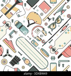 Skateboard Lifestyle Pattern with Riding Icons Stock Vector
