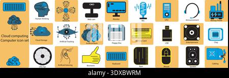 Cloud computing icon collection set featuring CPU monitor storage and network Stock Vector