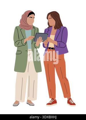 Two diverse women collaborating on a tablet Stock Vector