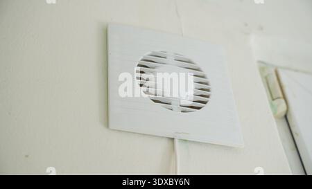 White wall mounted ventilation fan with protective grille in simple interior setting close up detail. Stock Photo