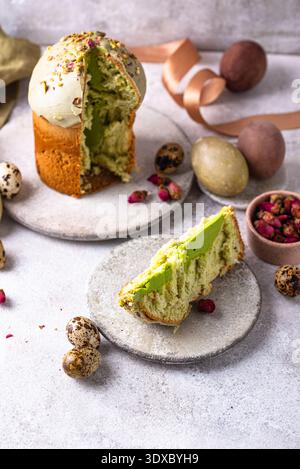 Traditional Easter cake kulich with pistachio Stock Photo