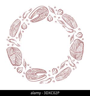 Hand drawn wreath frame with salmon steak, cuts, garlic, chili and herb. Line art illustration on white background for restaurant menu, seafood Stock Vector