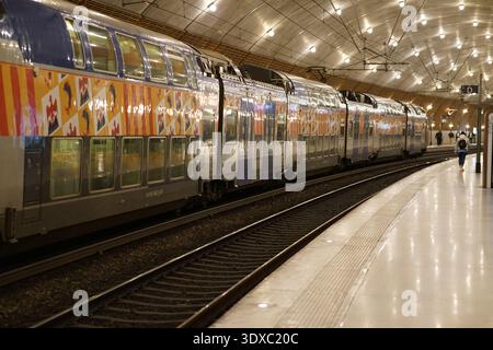 TER train on curved platform at Monaco Monte-Carlo station with wooden arched ceiling and bright overhead lights.Monte Carlo, Monaco Stock Photo