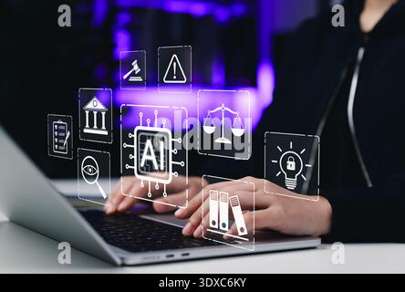 Artificial intelligence regulation and ethics concept. AI law ethics, a person using laptop with interface showing AI chip, legal scale, justice, Stock Photo