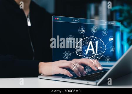 AI, Artificial intelligence technology concept. Person using laptop with brain interface, machine learning icons and big data analysis for futuristic Stock Photo