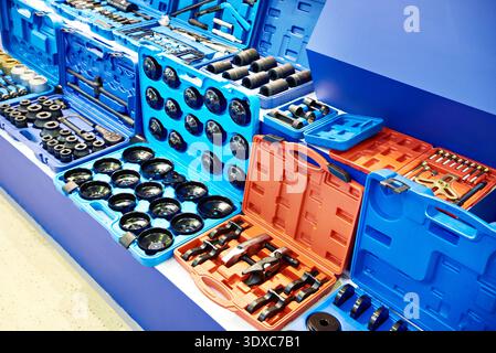 Ratchet wrench heads boxes tools set in store Stock Photo