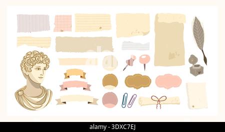 Vintage journaling clipart set with torn paper scraps, parchment notes, ribbons, labels, wax seal, quill and ink. Soft neutral palette for Stock Vector