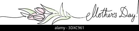 Happy Mothers Day card with one line spring tulip flowers. Continuous one line drawing Stock Vector