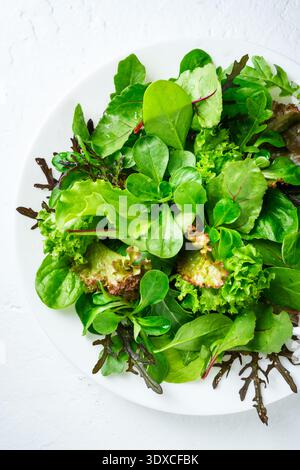 Salad greens with lettuce leaves shown from above. Salad mix on white plate. Fresh natural foliage fills the frame Stock Photo