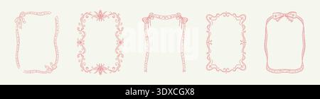 Set of coquette whimsical lace frames with cute ribbon bows for wedding invitations, girly birthday cards, baby shower greetings, bachelorette party d Stock Vector