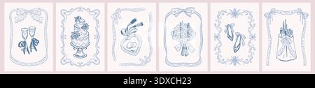 Set of blue hand drawn crayon doodle wedding invitations, greeting cards, posters. Celebration dinner table. Crochet whimsical lace coquettish frames Stock Vector