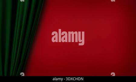 Green velvet curtain against red textured wall with copy space Stock Photo