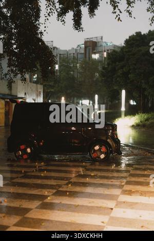 Black compact car parked on wet checkered pavement under trees in urban city at night Stock Photo