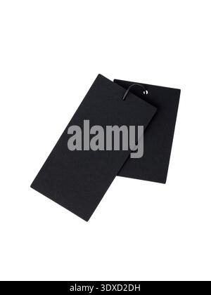 Blank two dark grey black paper tags with rope isolated on white background with copy space. Stock Photo