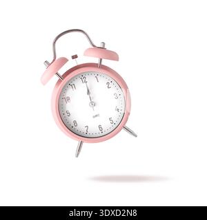 Pink coral color retro style quartz alarm clock flying on white background. Time concept. Stock Photo