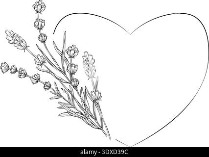 Lavender floral vector illustration with delicate branches forming a heart frame in fine black line art. Ideal for wedding cards, spa branding Stock Vector